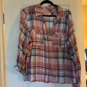 Maurices pink, black & white plaid button-down shirt with two chest pockets XL